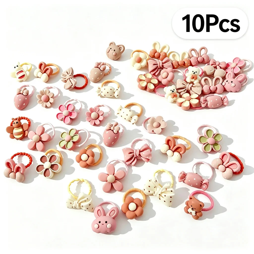 10Pcs Cartoon Bear and Bunny Hair Bands - Cute Elastic Hair Accessories for Baby Girls and Children