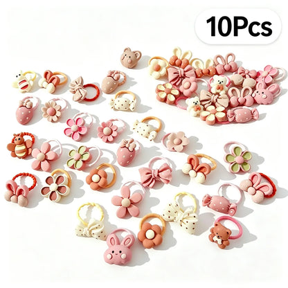 10Pcs Cartoon Bear and Bunny Hair Bands - Cute Elastic Hair Accessories for Baby Girls and Children