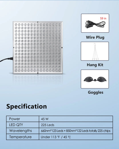 45W LED Red Light Therapy Panel – 225 LED Lamp for Anti-Aging Facial Skin Care, Body Pain Relief & Physical Therapy