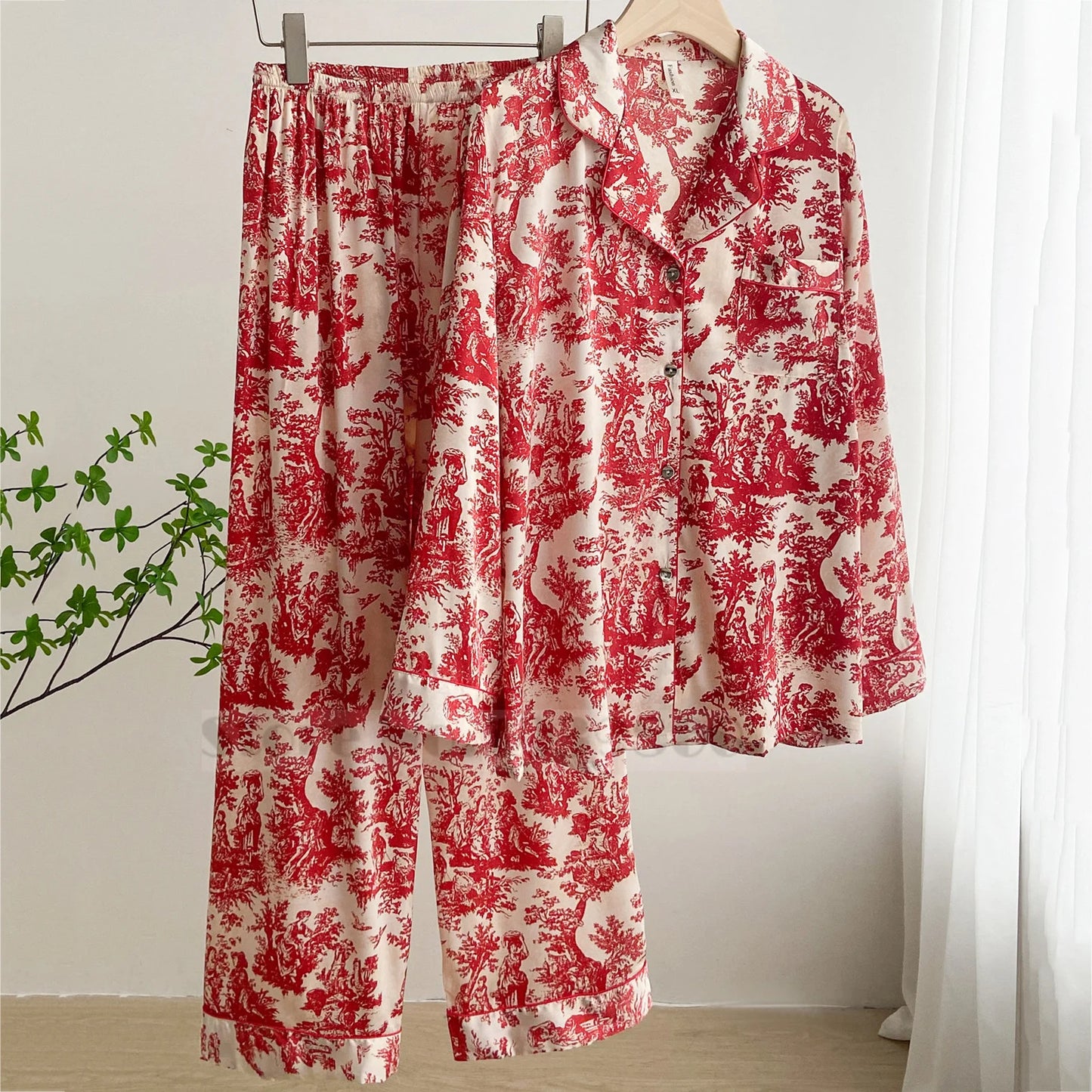 Fashion Floral Print Satin Pajamas Set for Women – Spring Summer Loose Sleepwear Loungewear Homewear Suit