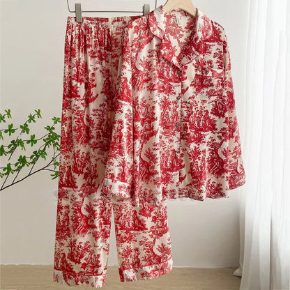 Fashion Floral Print Satin Pajamas Set for Women – Spring Summer Loose Sleepwear Loungewear Homewear Suit