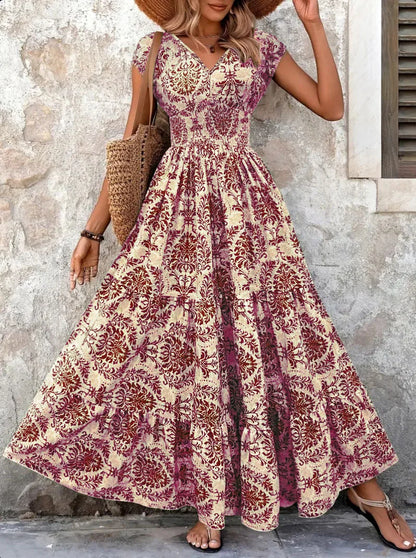 2025 Vintage Printed V-Neck Dress – Elegant Short-Sleeve Jumpsuit with Long Skirt for Women