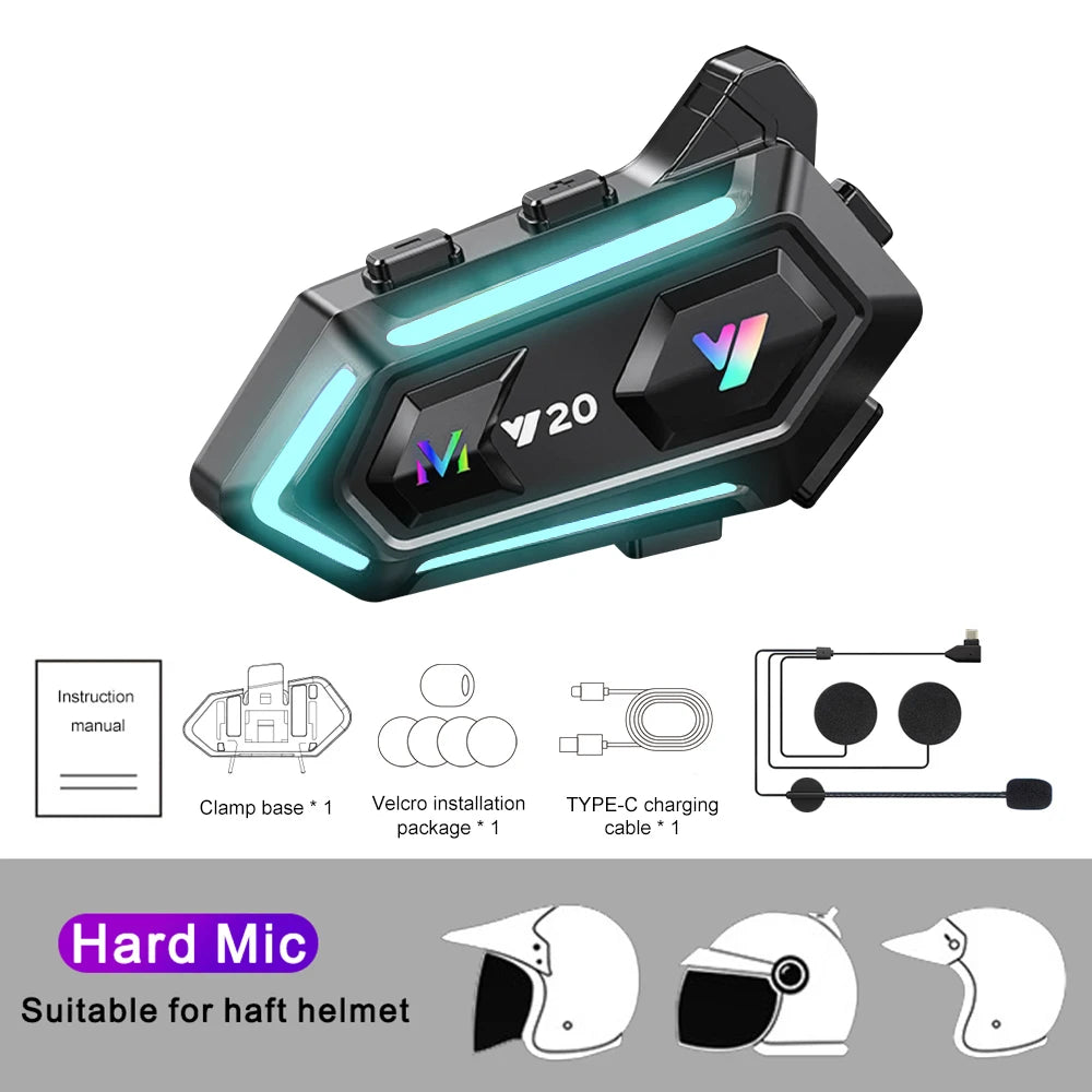 Y20 Motorcycle Helmet Bluetooth Headset – BT5.3 Wireless Hands-Free Call, Noise-Reduction, Waterproof with RGB Light