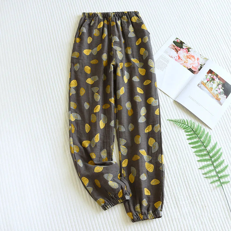 2025 Spring Summer Women's Pajama Pants – 100% Cotton Crepe Loose Fit Leaf Print Home Wear Bottoms