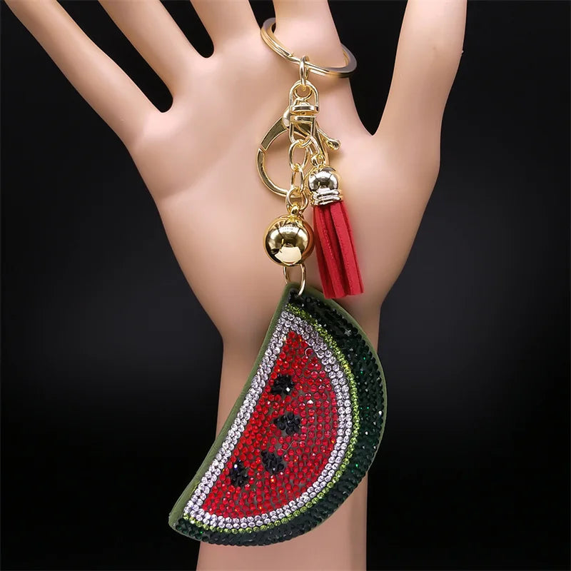 Kawaii Watermelon Crystal Keychain – Gold Alloy Leather Fruit Keyring for Women & Men, Bag & Car Accessory