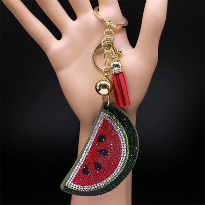 Kawaii Watermelon Crystal Keychain – Gold Alloy Leather Fruit Keyring for Women & Men, Bag & Car Accessory