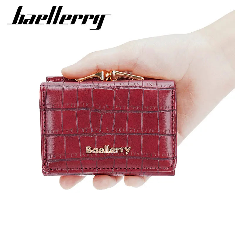Baellerry Short Women’s Wallet — Crocodile Pattern Coin & Card Holder with Photo Slots, Hasp Purse for Girls