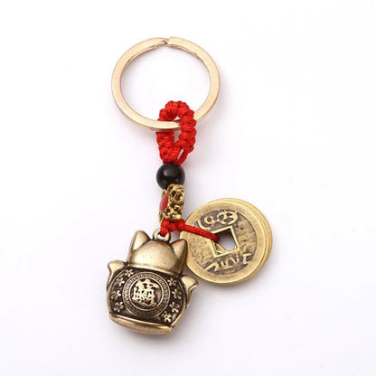 Vintage Lucky Cat Keychain - Handmade Feng Shui Five Emperors Coins Lucky Key Ring for Car Keys