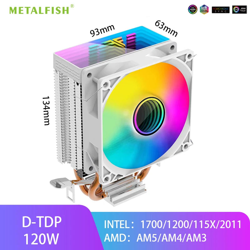 METALFISH ZH1200 CPU Cooler — 2 Heatpipe ARGB Radiator with 4-Pin PWM Silent Fan for Intel LGA 1700/1200/115X/1366/2011 & AMD AM5/AM4/AM3