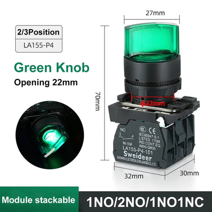 XB4 22mm LED Rotary Selector Switch – 1NO/2NO/1NO1NC Self-Locking 2/3 Position Control Knob 12V/24V/220V 10A Red Green Indicator