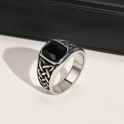 Punk Vintage Ethnic Rings for Men – Retro Viking Knot Rune, Black Geometric Square Stone Signet Jewelry