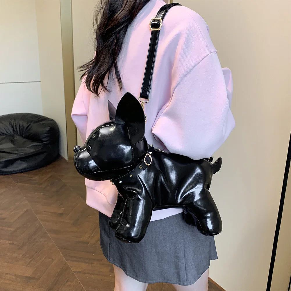 Unisex Bulldog-Shaped PU Leather Shoulder Bag – Adjustable Strap Zipper Satchel for Shopping & Travel