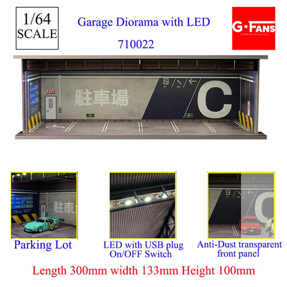 GFans 1:64 Scale Diorama Car Garage Model – LED Lighted Parking Lot DIY City Set for Collection & Display Gifts
