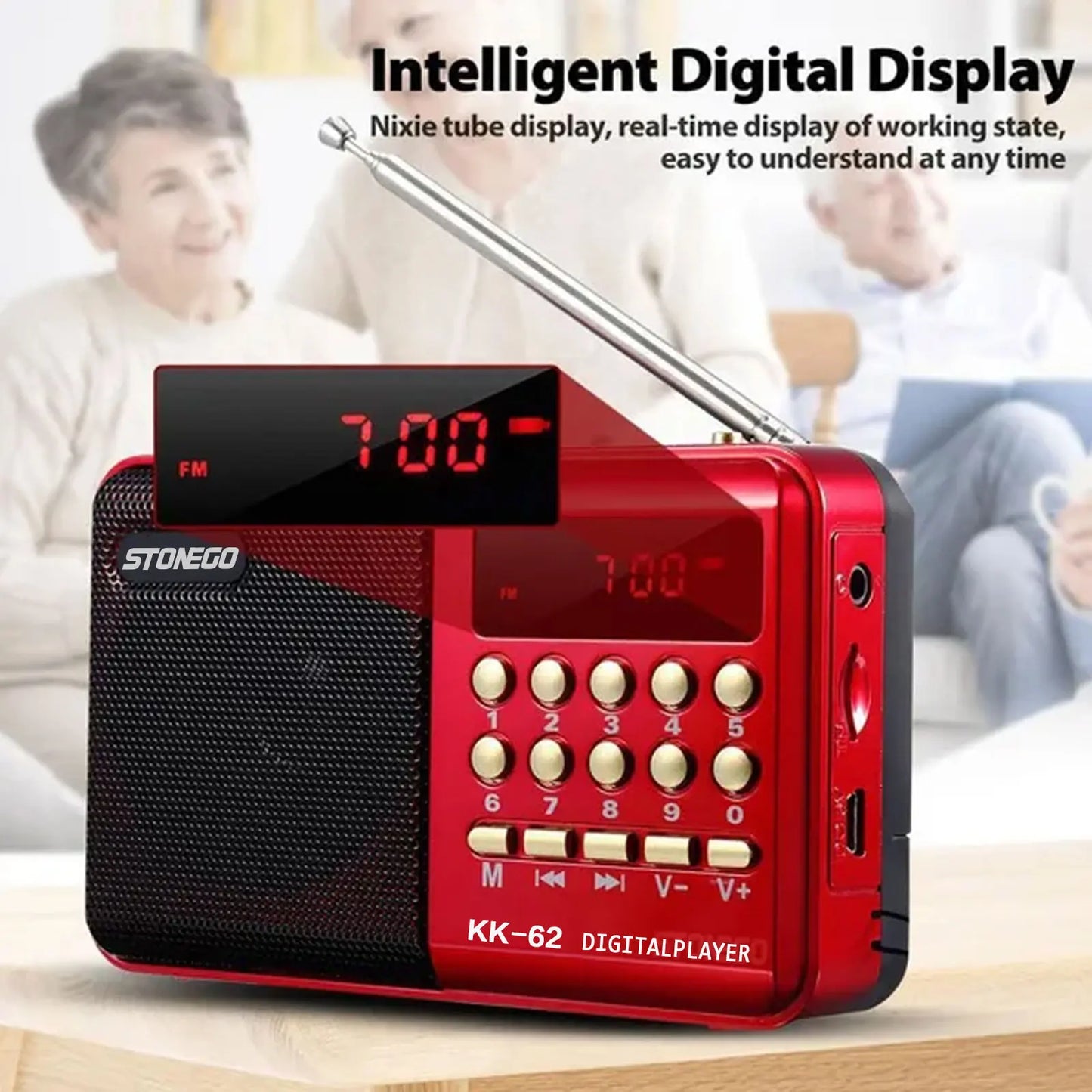 STONEGO Mini Portable Radio — Handheld Rechargeable Digital FM Radio with USB/TF MP3 Player, Speaker Device for On-the-Go Use