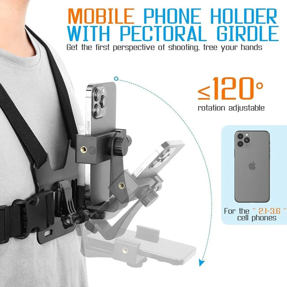 Adjustable Phone Clip Holder with Chest Strap Fixation Bracket - Black Holder Accessory for Sport and Mobile Phone Camera