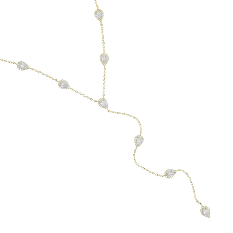 2023 Gold Plated Y Lariat Necklace - Colorful CZ Teardrop Pendant Geometric Jewelry for Women