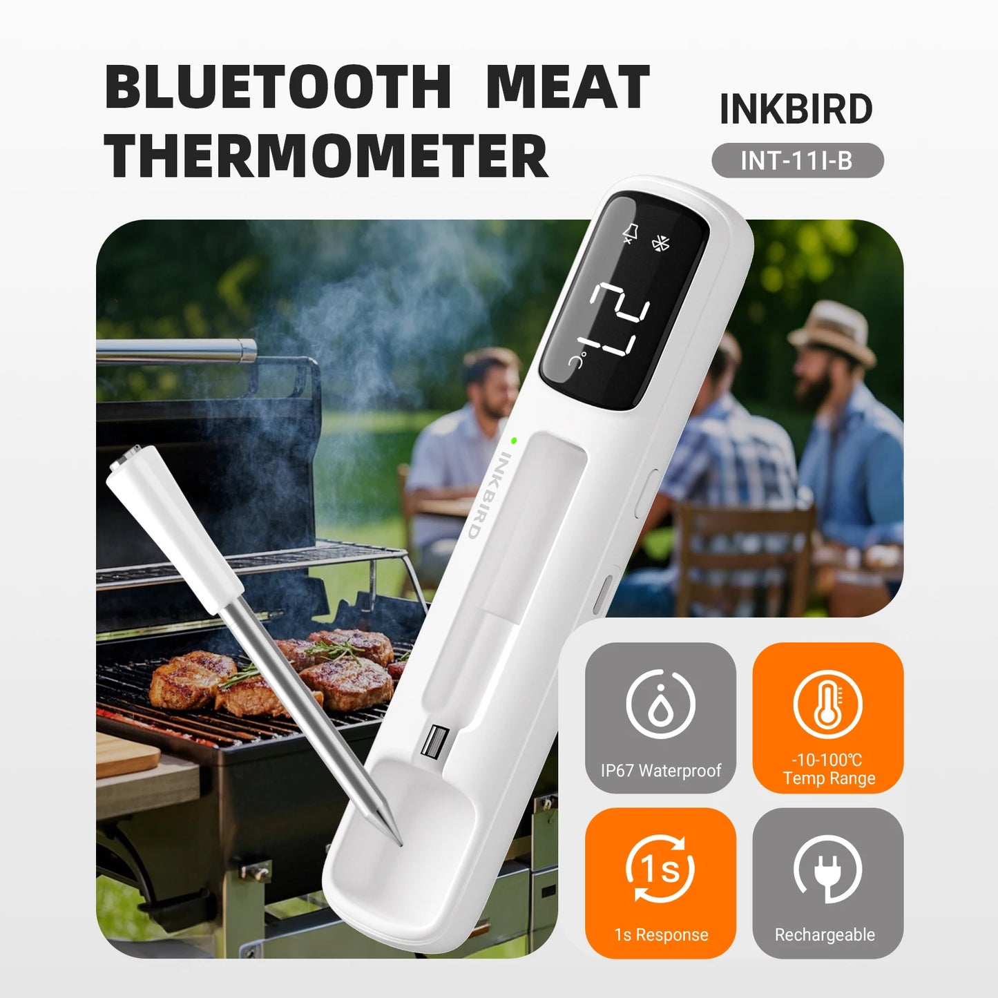 INKBIRD INT-11I-B Mini Wireless Meat Thermometer — Bluetooth 5.4, 1000ft Range, 1s Response, IP67, 26 Presets with LED Display for BBQ & Grill