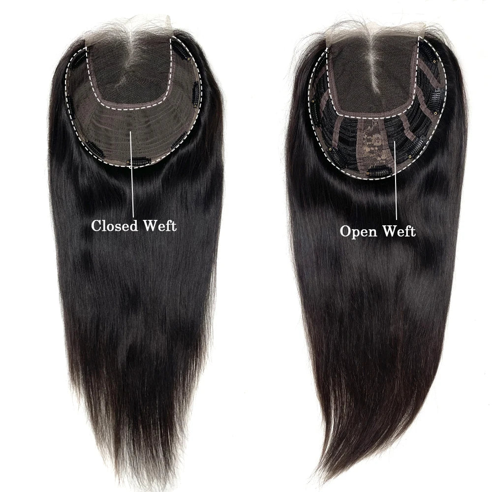 Virgin Human Hair 8x8 Inch Wefted Topper – 4x4 Inch HD Lace Base, Natural Black & Brown Hair Clips, Hairpiece for Women