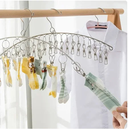 Stainless Steel Clothes Drying Hanger - 10/20 Pegs Windproof Clothing Rack with Clips - Laundry Airer for Underwear and Socks