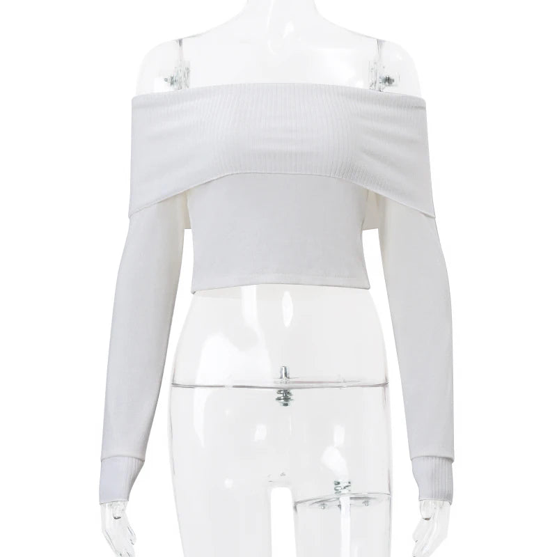 WhereMery Elegant Slash-Neck Ribbed Crop Top – Y2K Off-Shoulder Long Sleeve Camisole, Autumn Skinny French Style T-Shirt
