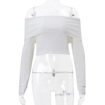 WhereMery Elegant Slash-Neck Ribbed Crop Top – Y2K Off-Shoulder Long Sleeve Camisole, Autumn Skinny French Style T-Shirt