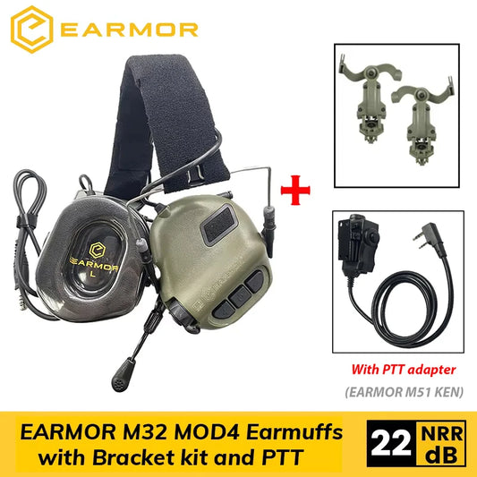 EARMOR M32 MOD4 Tactical Shooting Earmuffs - Noise Reduction Headset with Helmet ARC Rail Adapter and Kenwood PTT Adapter