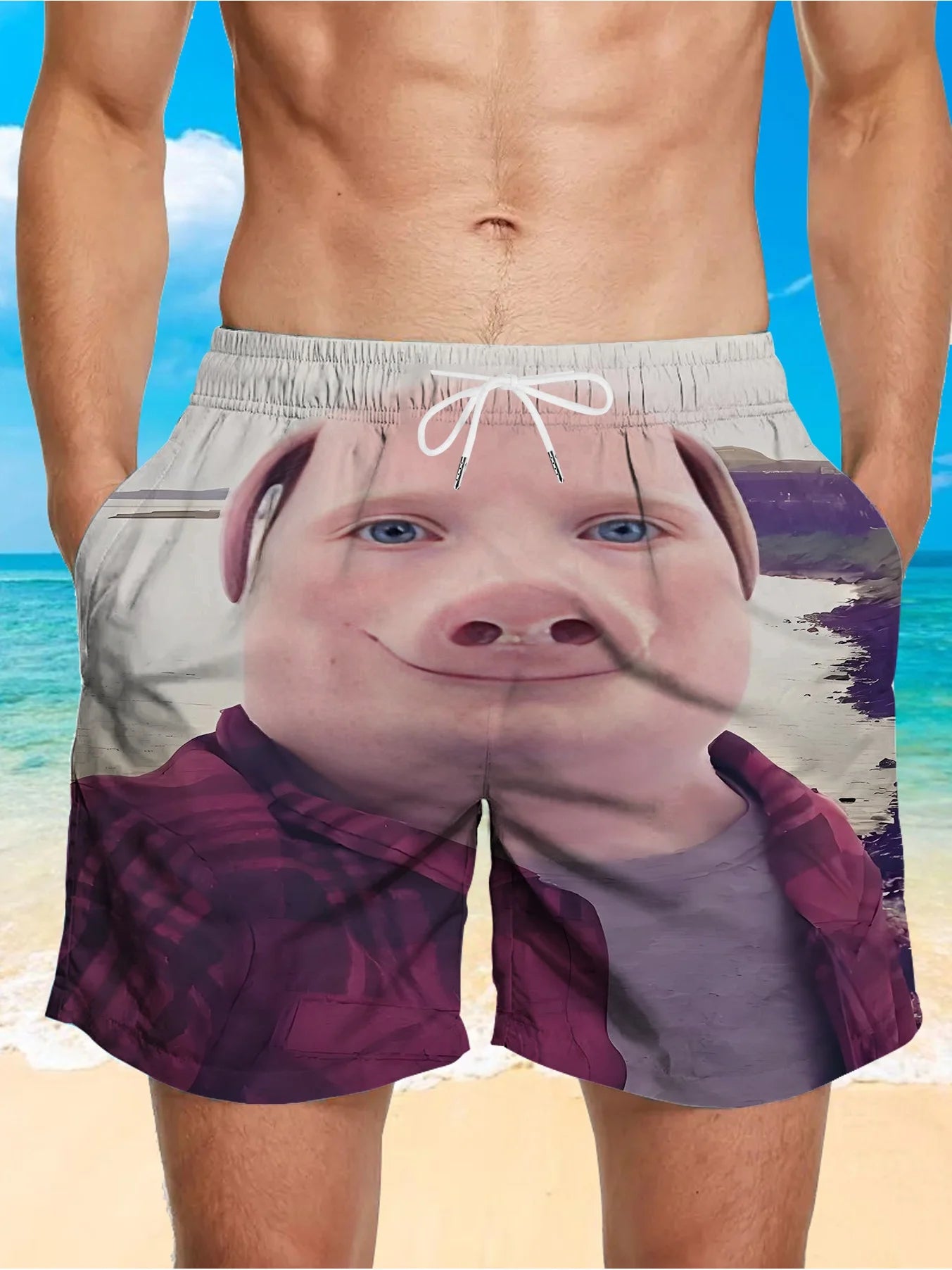 Cartoon Pig Print Swim Shorts – Adjustable Drawstring Waist with Pockets, Lightweight Summer Pool & Ocean Wear