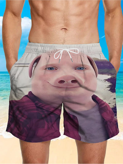 Cartoon Pig Print Swim Shorts – Adjustable Drawstring Waist with Pockets, Lightweight Summer Pool & Ocean Wear