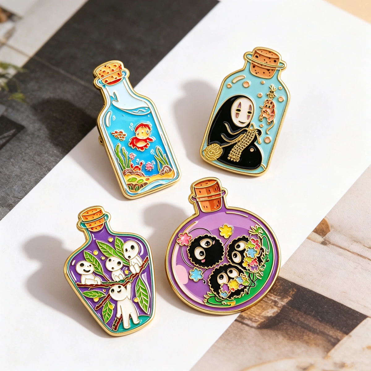 4-Piece Anime Ghost Enamel Pin Set - Magic Bottle Lapel Badges for Backpacks, Clothing, and Collectible Gifts