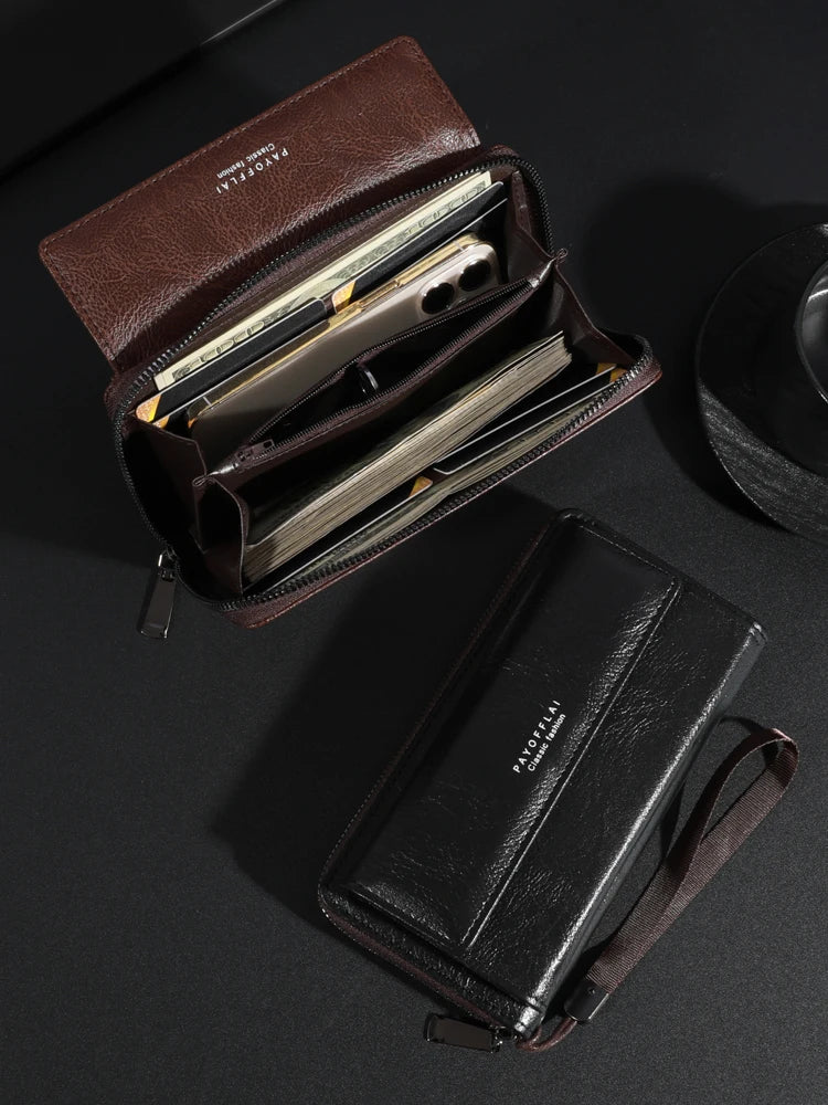 Men's PU Leather Zipper Handbag - Large Capacity Long Wallet Clutch with Phone Bag, Multi-Card Holder and Coin Purse