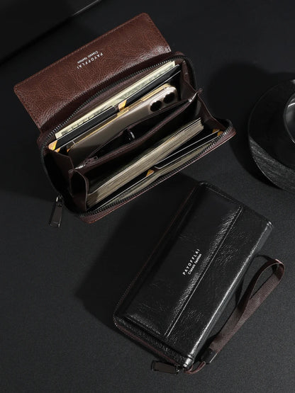 Men's PU Leather Zipper Handbag - Large Capacity Long Wallet Clutch with Phone Bag, Multi-Card Holder and Coin Purse