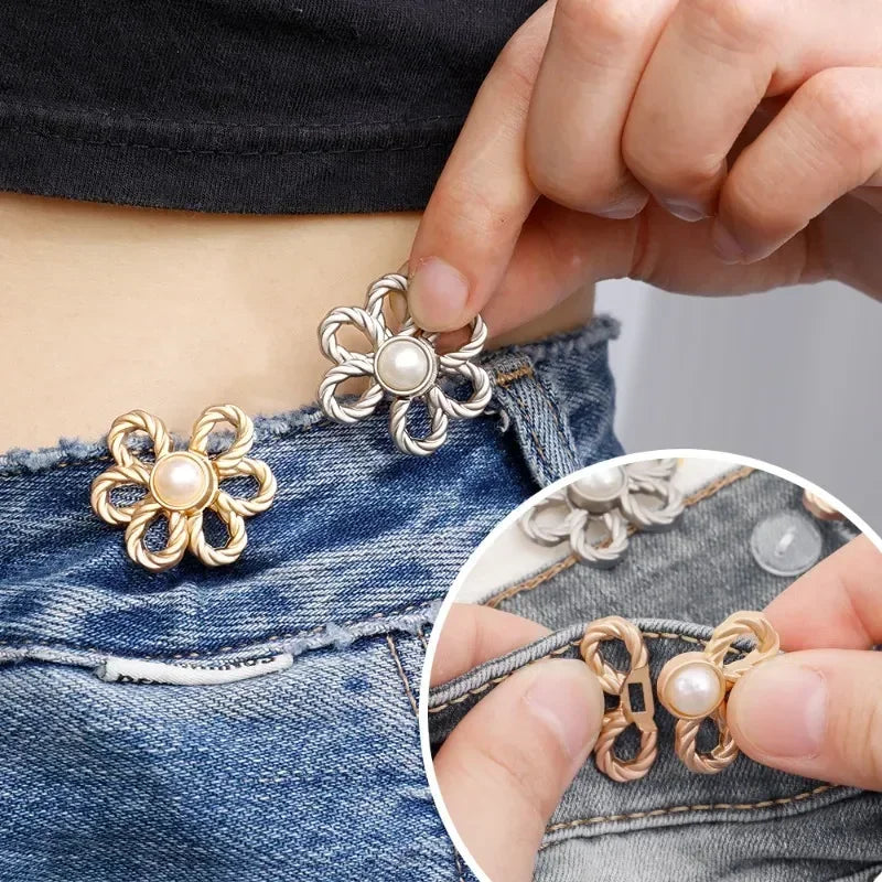 2-Pair Adjustable Waist Buckle Set - Metal Flower Pants & Skirt Waist Tightener Clips for Size Adjustment