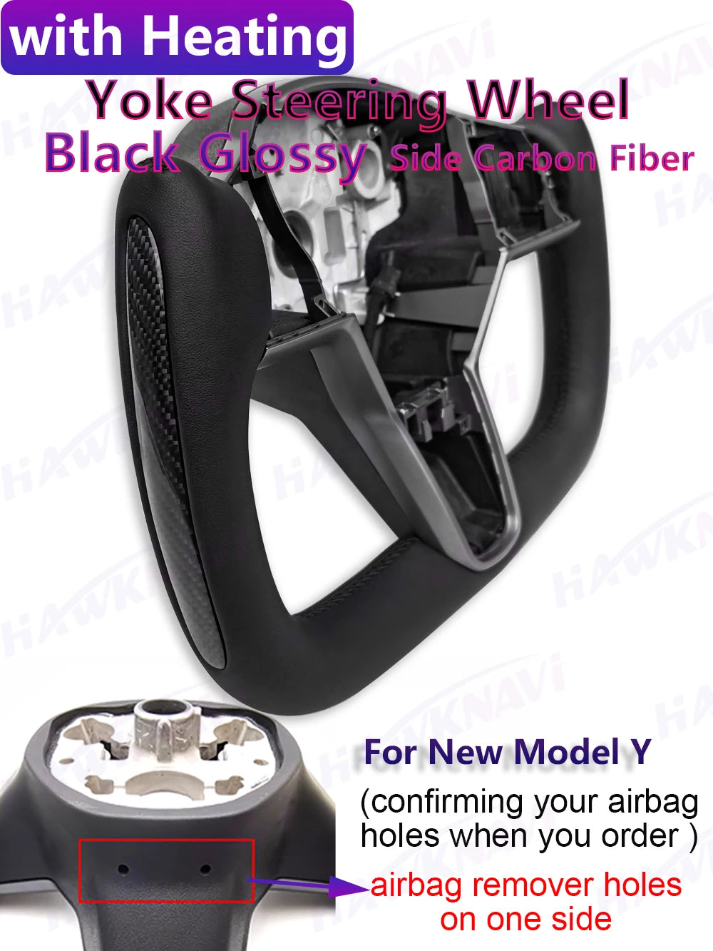 Hawknavi 350mm Yoke Steering Wheel – Leather Racing Style for Tesla Model 3 & Model Y, Heated Optional, White & Black