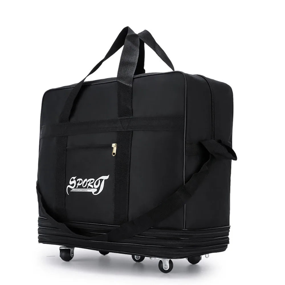 Foldable Trolley Travel Bag with Wheels – Expandable Black Luggage for Men & Women, Ideal for Weekend Trips & Overnight Travel