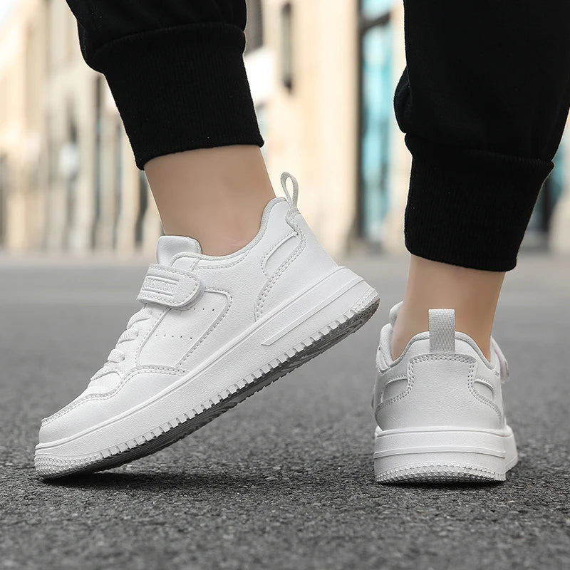 Children’s Black Leather Sneakers – Non-Slip Casual Flat Walking Shoes for Boys & Girls, Lightweight Student Sports Footwear