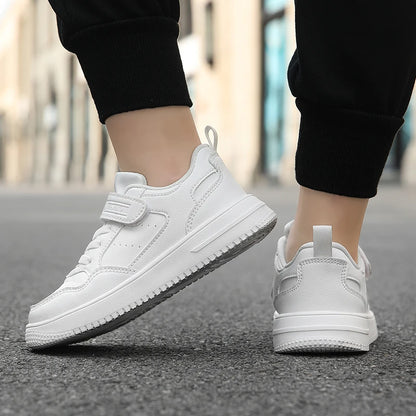 Kids' Black Leather Sneakers – Non-Slip Casual Walking & Tennis Shoes for Boys and Girls