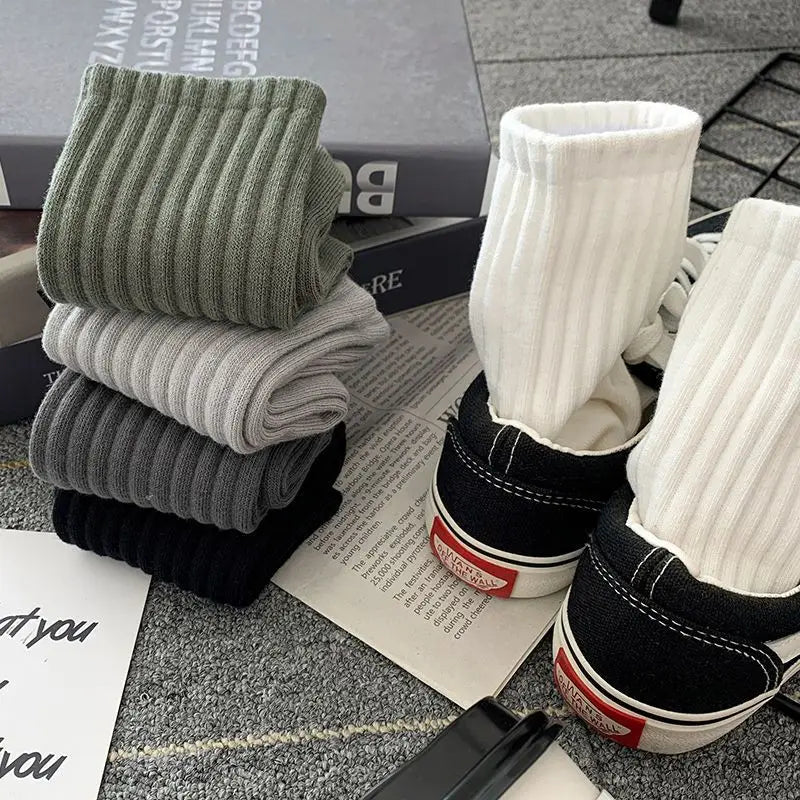 5 Pairs Cool Men's Socks Set – Black & White, Warm Autumn/Winter Sport Short Socks, Solid Color for Men