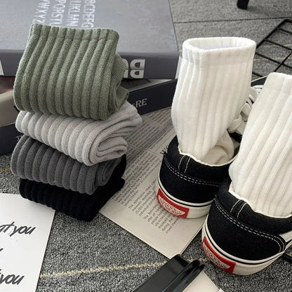 5 Pairs Cool Men's Socks Set – Black & White, Warm Autumn/Winter Sport Short Socks, Solid Color for Men