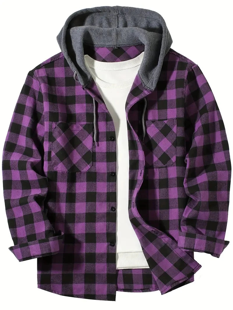 Youth Men’s Hooded Plaid Shirt - Slim Fit Long Sleeve Casual Travel & Streetwear Jacket