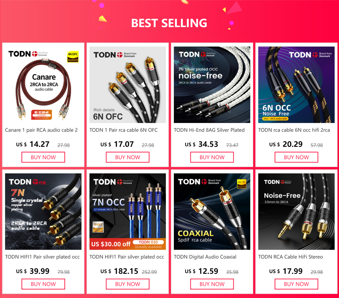 TODN 1 Pair RCA Audio Cable – 2 RCA to 2 RCA Interconnects, HIFI Stereo, Male to Male for Amplifier, DAC, TV, Car Audio