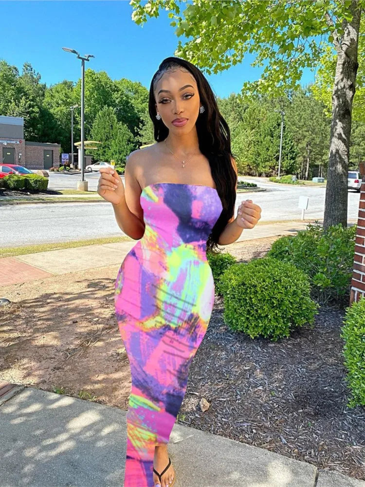 Women’s Off Shoulder Printed Maxi Dress - Slim Fit Bandage Chest Wrap Summer Party Dress