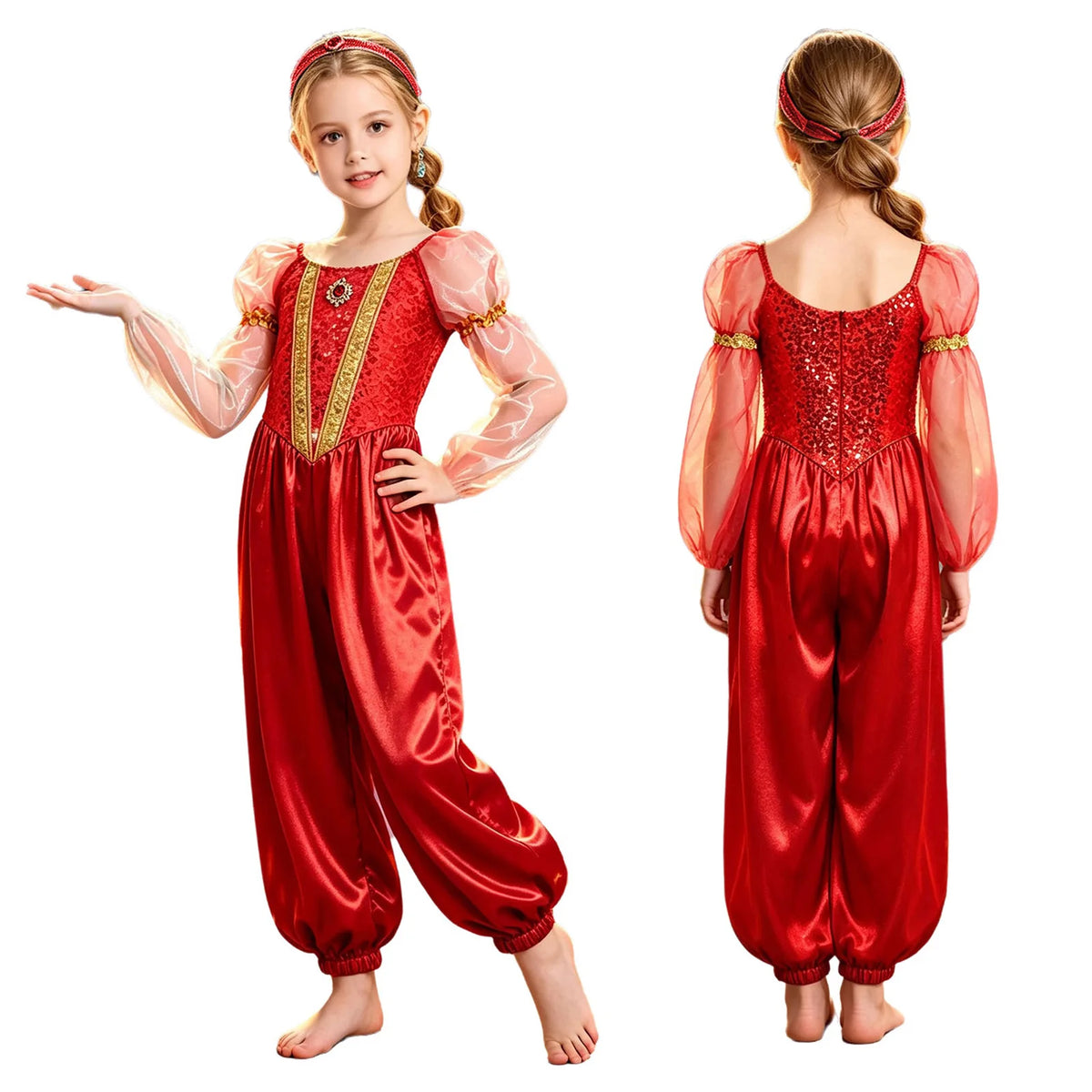 Girls Arabian Princess Costume - Metallic Sequin Bodice Tulle Satin Jumpsuit for Halloween, Carnival & Dance Performances