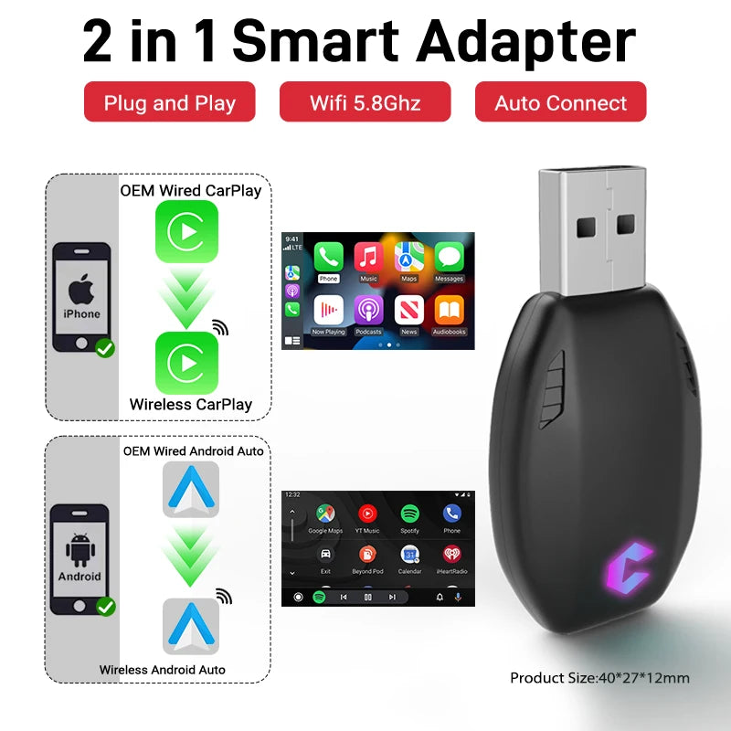 2025 Wired to Wireless CarPlay 2 in 1 Mini Adapter – Android Auto Smart Box, Plug & Play, OTA Update, Universal Compatibility
