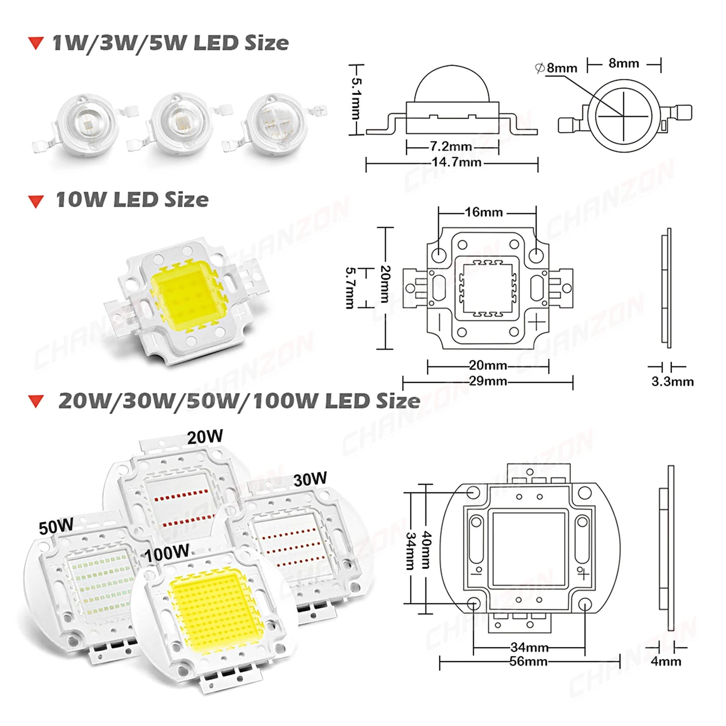 High Power COB LED Chip - 1W-100W Square Light Matrix Module in Warm Cool White RGB Colors