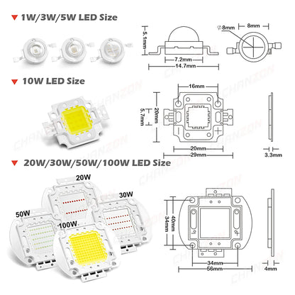 High Power COB LED Chip - 1W-100W Square Light Matrix Module in Warm Cool White RGB Colors