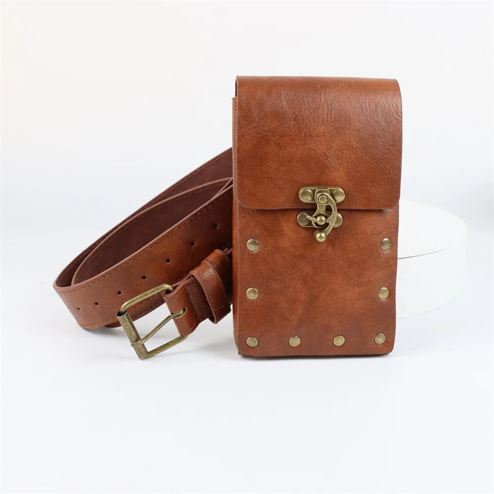 4PCS Medieval Cosplay Leather Belt Set – Copper Coin Waist Bag, Renaissance & Steam Role Playing Halloween Costume Accessories