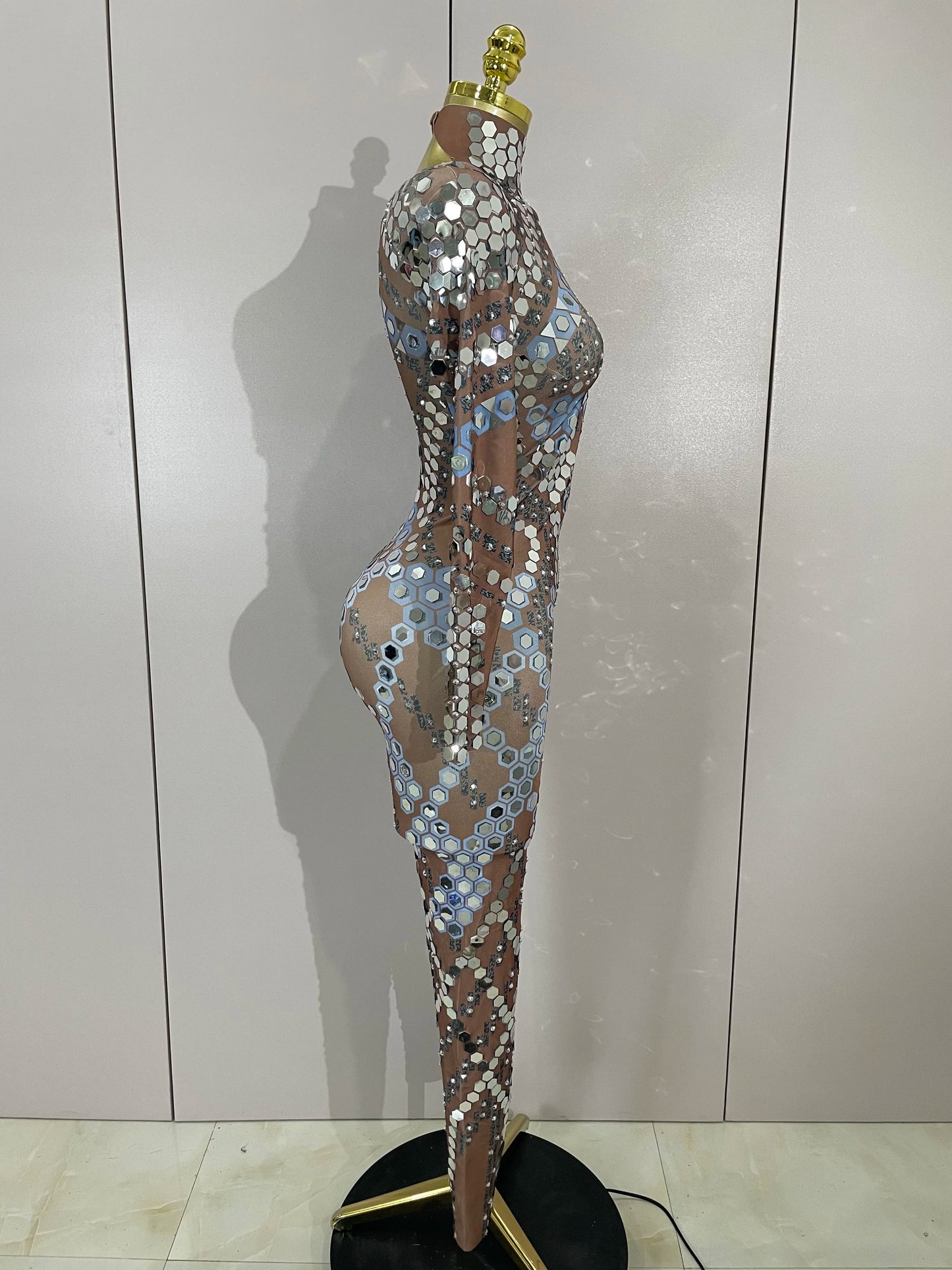 Sexy Shiny Silver Sequin & Black Spandex Jumpsuit — 2025 Women’s Prom, Dancer & Stage Performance Costume