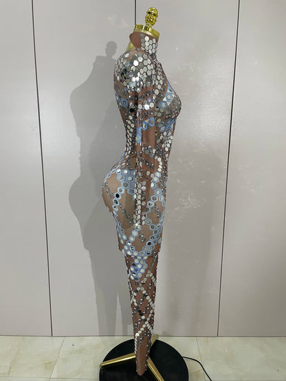 Sexy Shiny Silver Sequin & Black Spandex Jumpsuit — 2025 Women’s Prom, Dancer & Stage Performance Costume