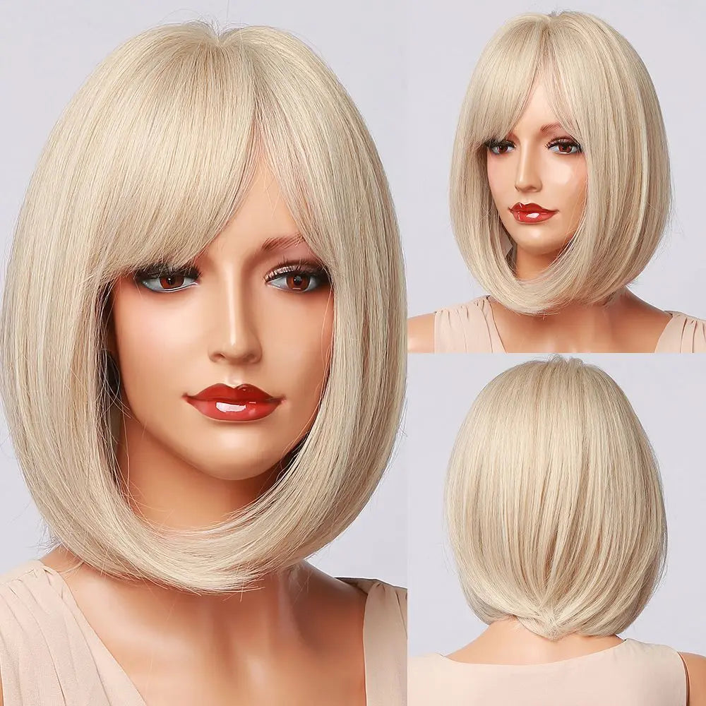 Short Bob Platinum Blonde Wig with Bangs – Synthetic Straight Hair, Heat-Resistant Wig for White Women, Daily & Party Wear