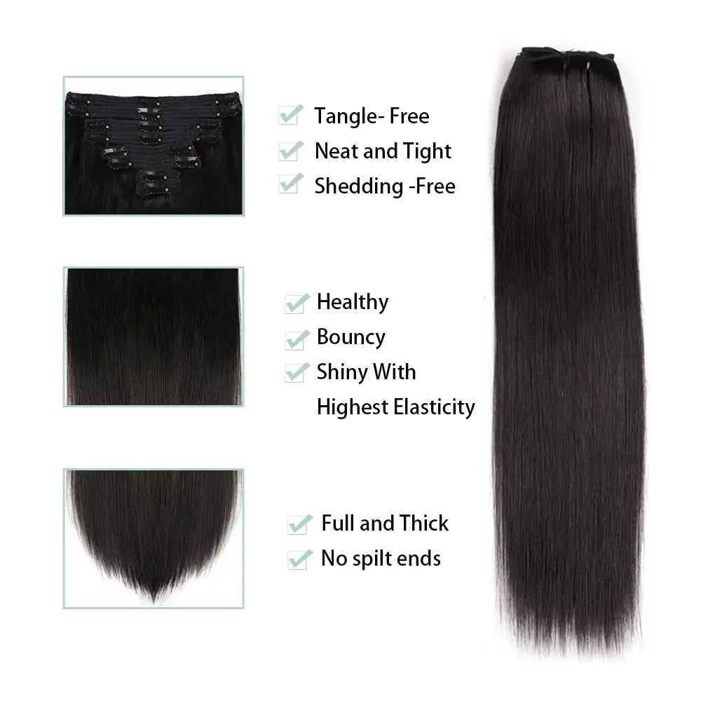 Straight Clip-In Hair Extensions – 8 Piece Full Head Set, 120g Brazilian Remy 100% Human Hair, Natural Black